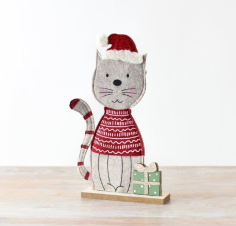 Festive Felt Cat On Wooden Base