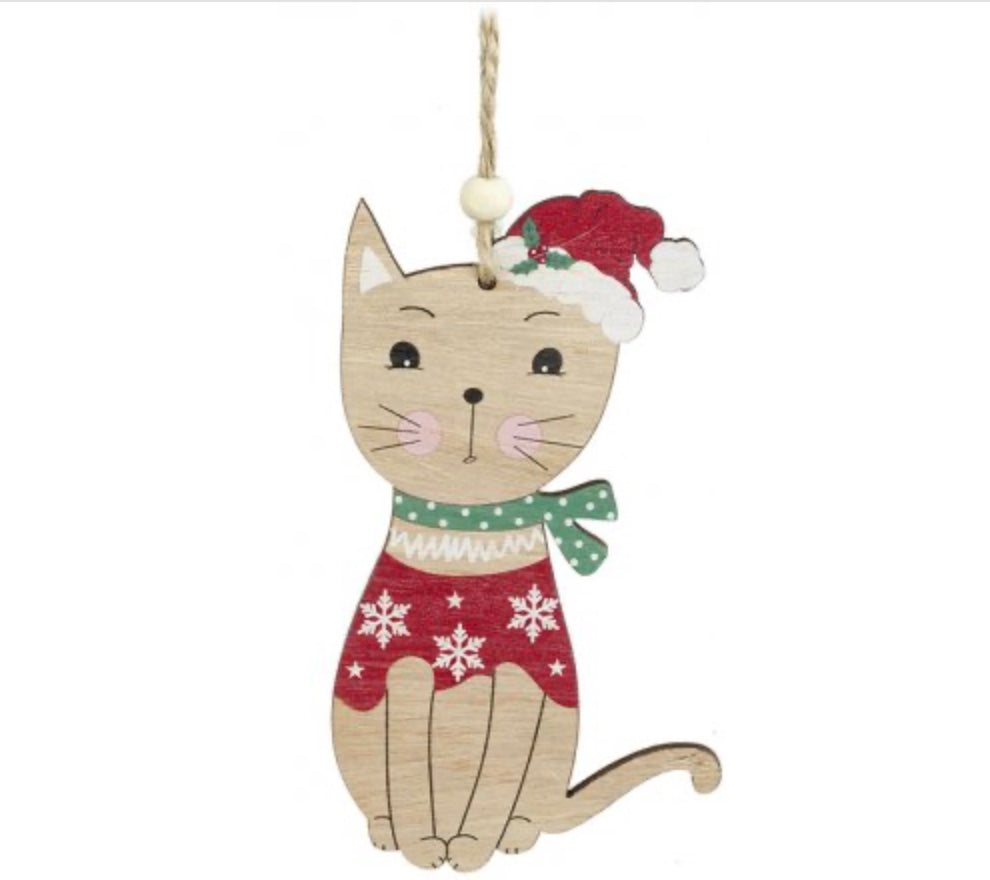 Wooden Christmas Cat hanging decoration