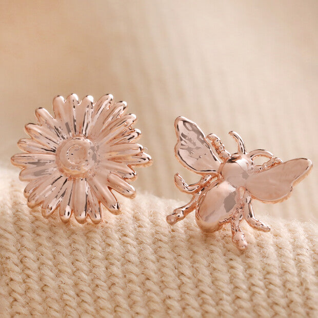 Lisa Angel Rose Gold Mismatched Daisy & Bee Stud Earrings