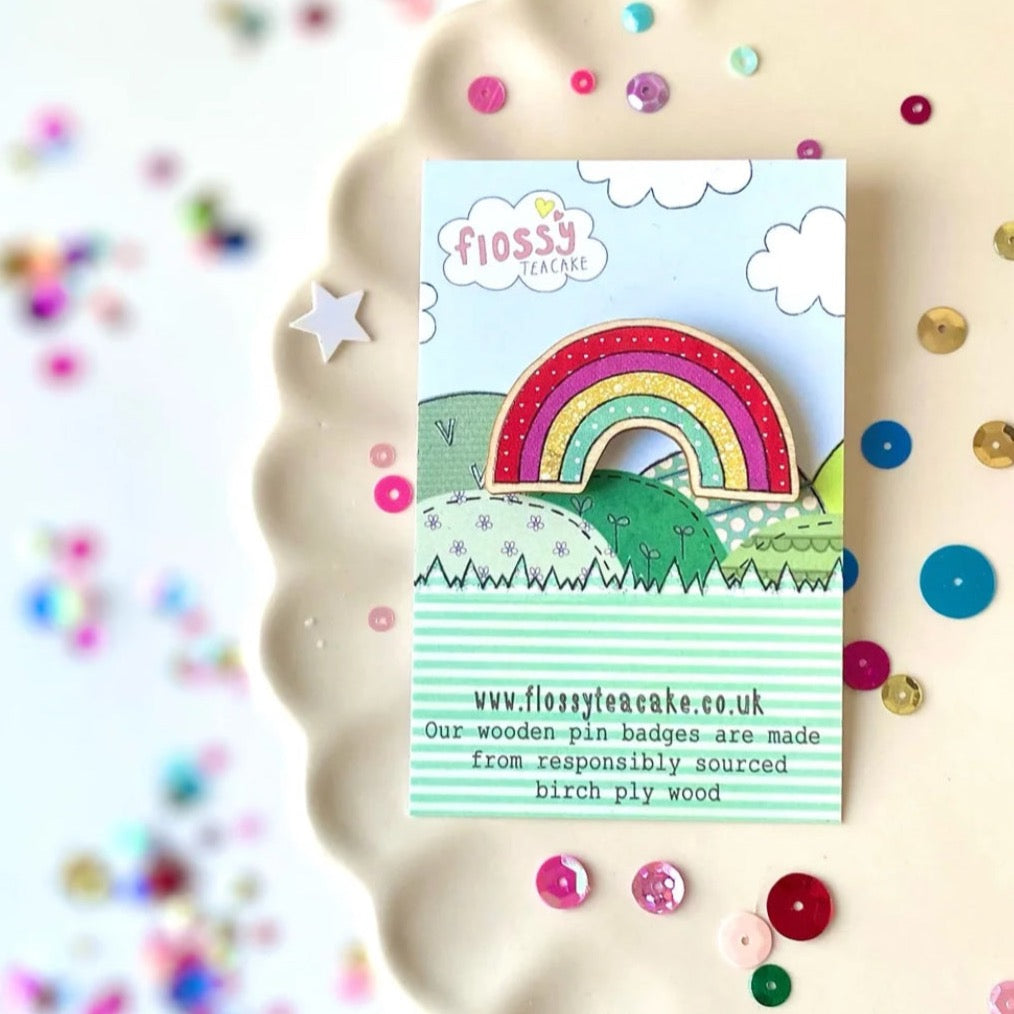 Flossy Teacake Rainbow Wooden Pin Badge