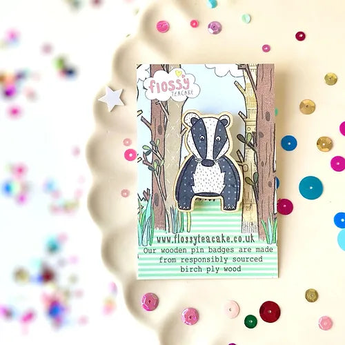 Flossy Teacake Badger Wooden Pin Badge