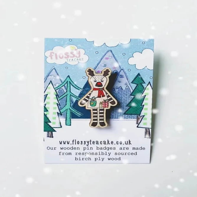 Flossy Teacake Rudolph Wooden Pin Badge